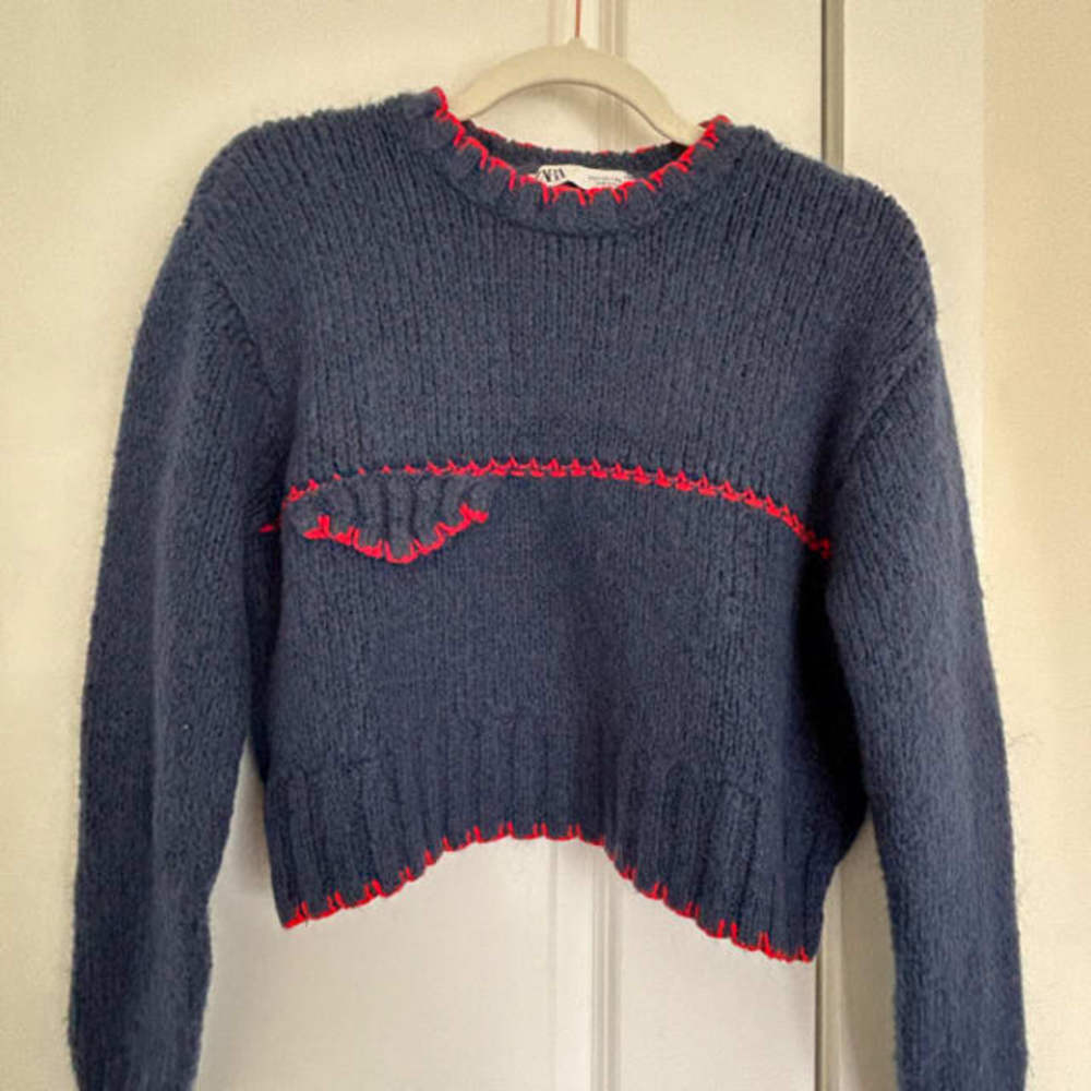 ZARA Navy Blue Red Accents Knit Sweater
